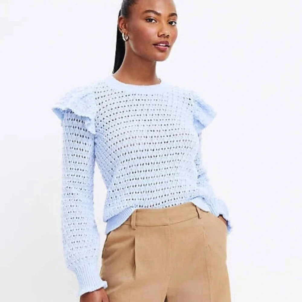 New LOFT size XL Light Blue Open Knit Ruffle Detail Elegant‎ Preppy Sweater